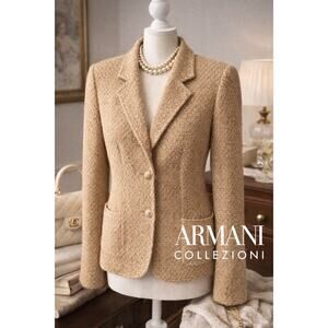 Armani Collezioni Wool Blend Blazer Tan Textured Tweed Jacket Size 12